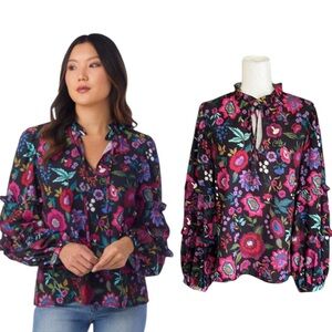 Crosby Mollie Burch Rhodes Winter Garden Floral Ruffle Puff Sleeve Blouse - XL